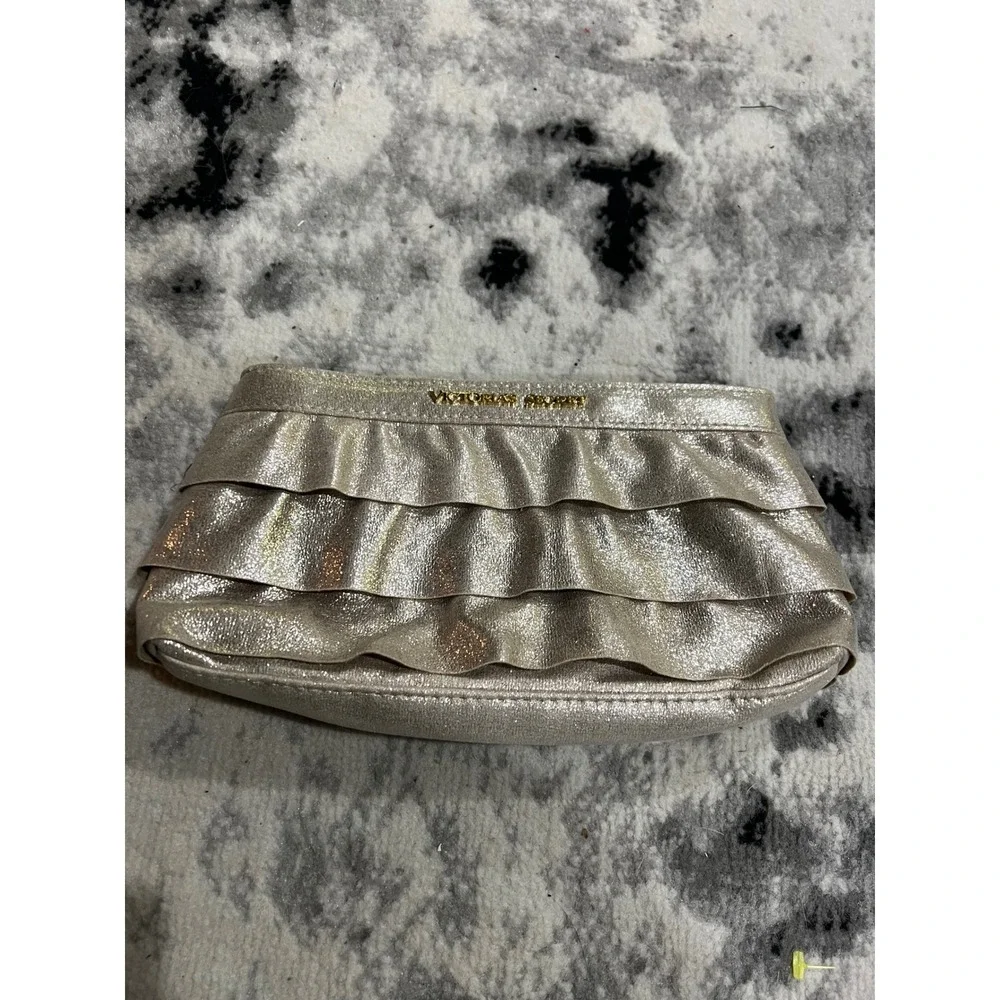 Victorias Secret Metallic Champagne Gold Ruffle Makeup‎ Bag Clutch Snap Closure